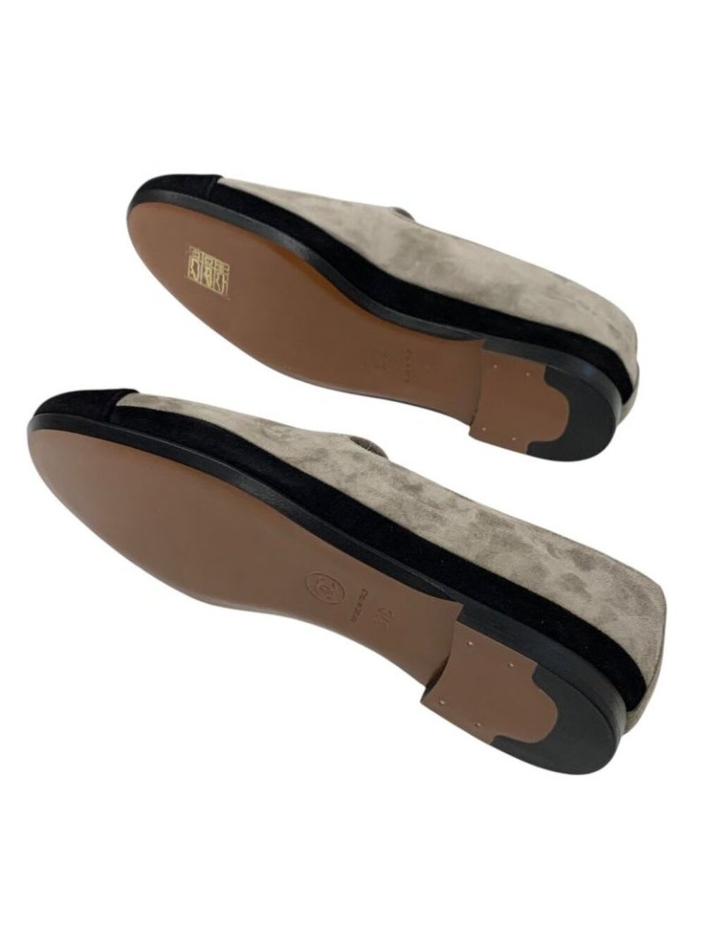 Chanel Flat Shoes Suede Gray Black Gold Coco Mark Loafers - Picture 6 of 10